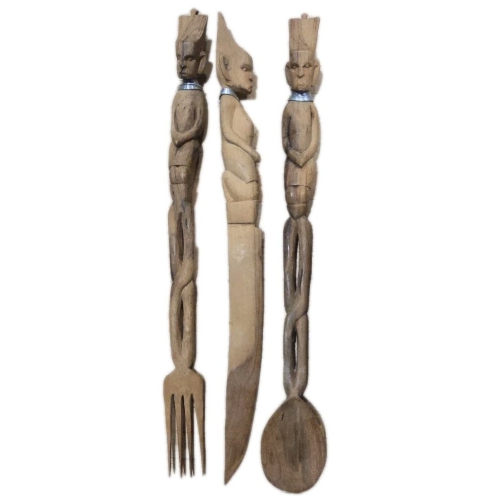 VTG 3 African Hand-Carved Wooden Spoon Fork &‎ Knife Tribal Decor Tiki Boho MCM